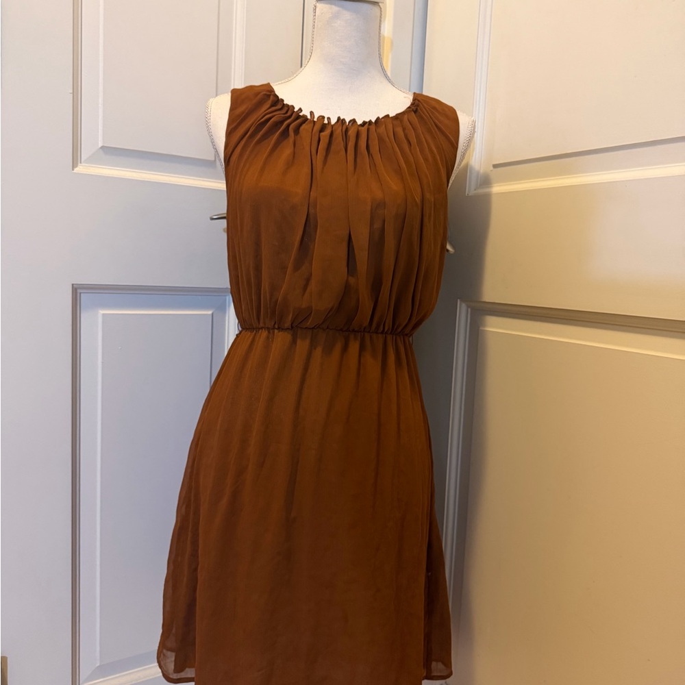 H&M Sleeveless Rust Brown Gathered Waist Mini Dress